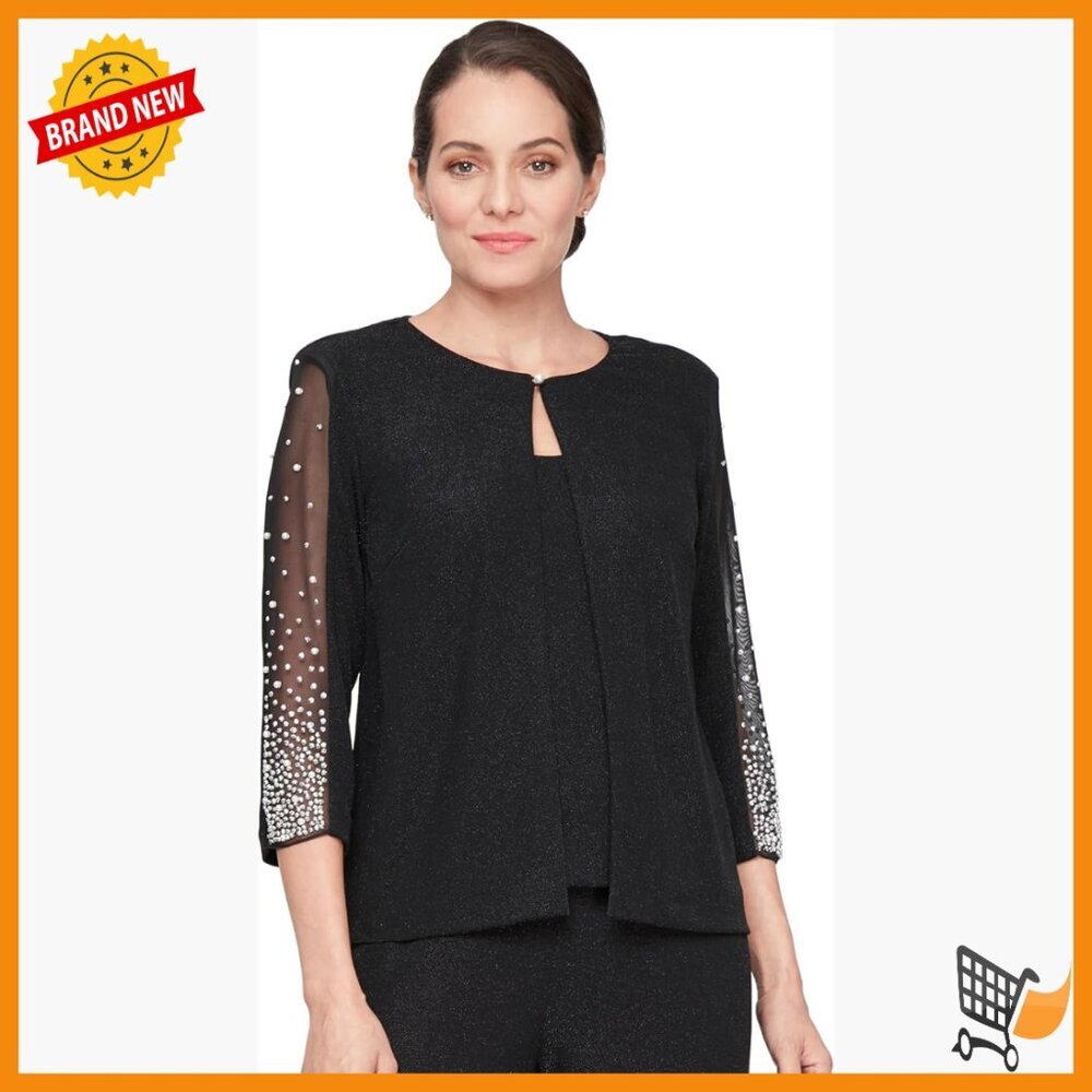 Metallic Knit Blouse 3/4 Sleeve Mock Twinset Formal Event Top